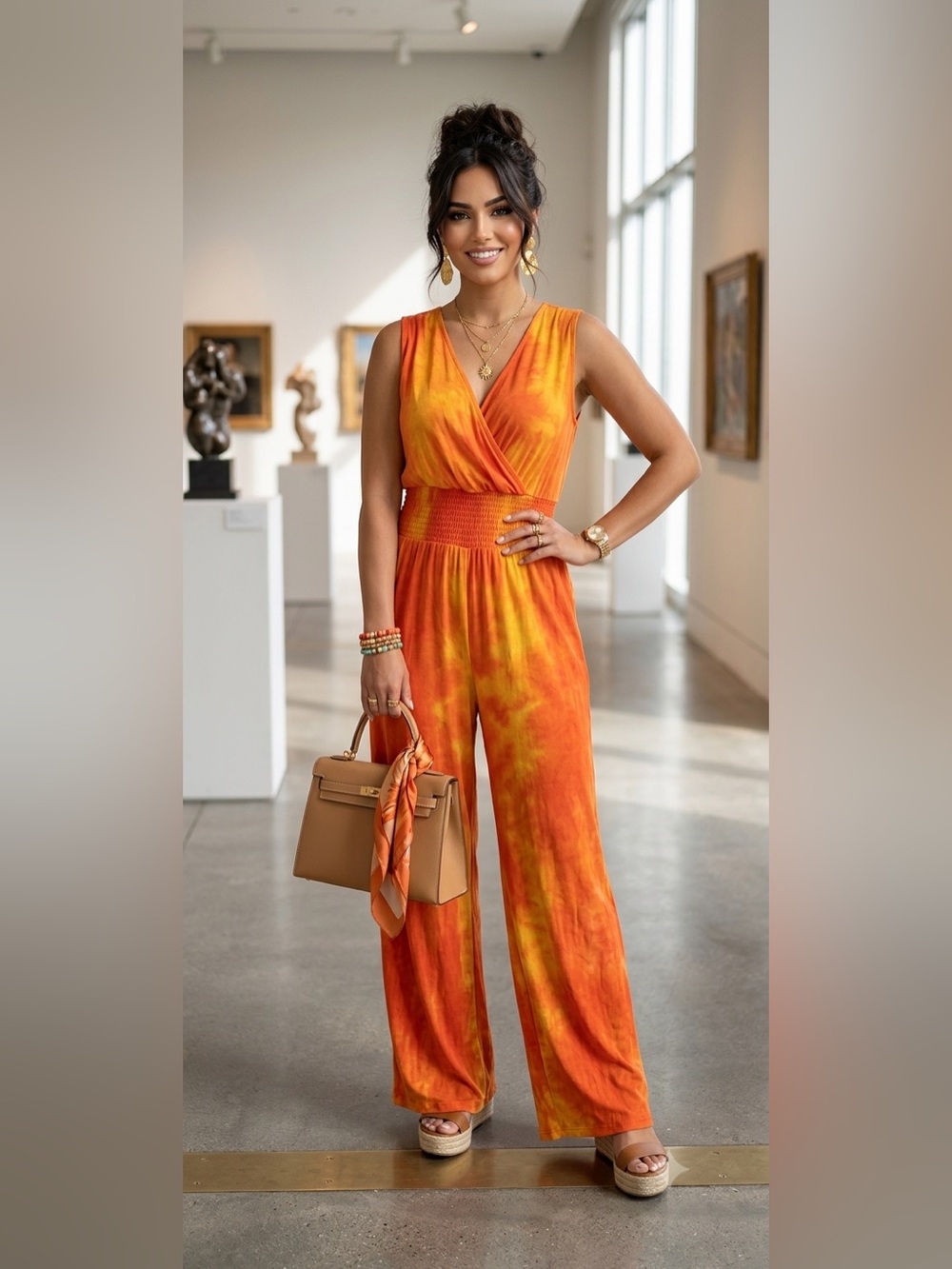 VENUS Orange and Yellow Tie-Dye Jumpsuit